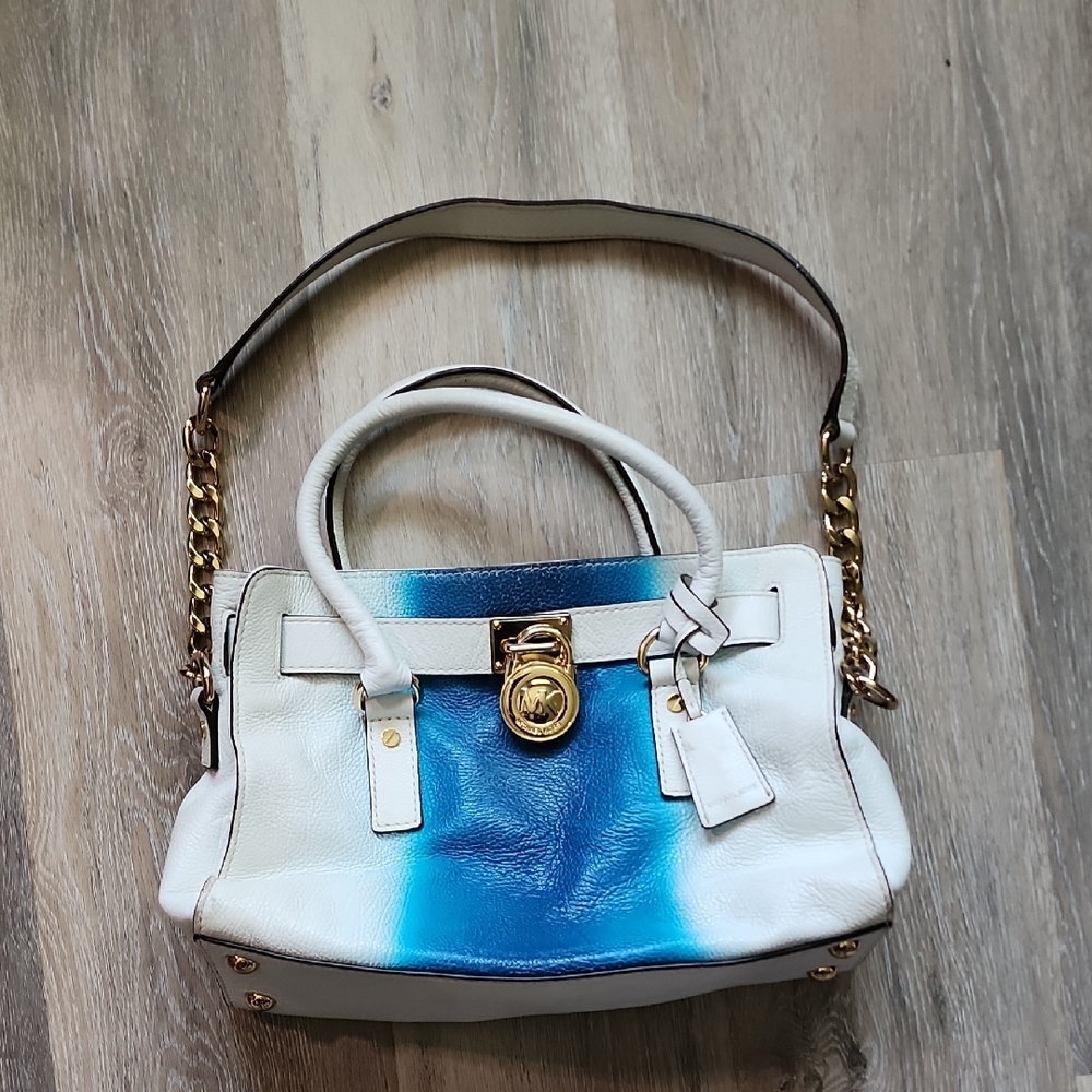 MICHAEL KORS HAMILTON SPRAY WHITE/ SUMMER BLUE EW SATCHEL  LEATHER HANDBAG PURSE